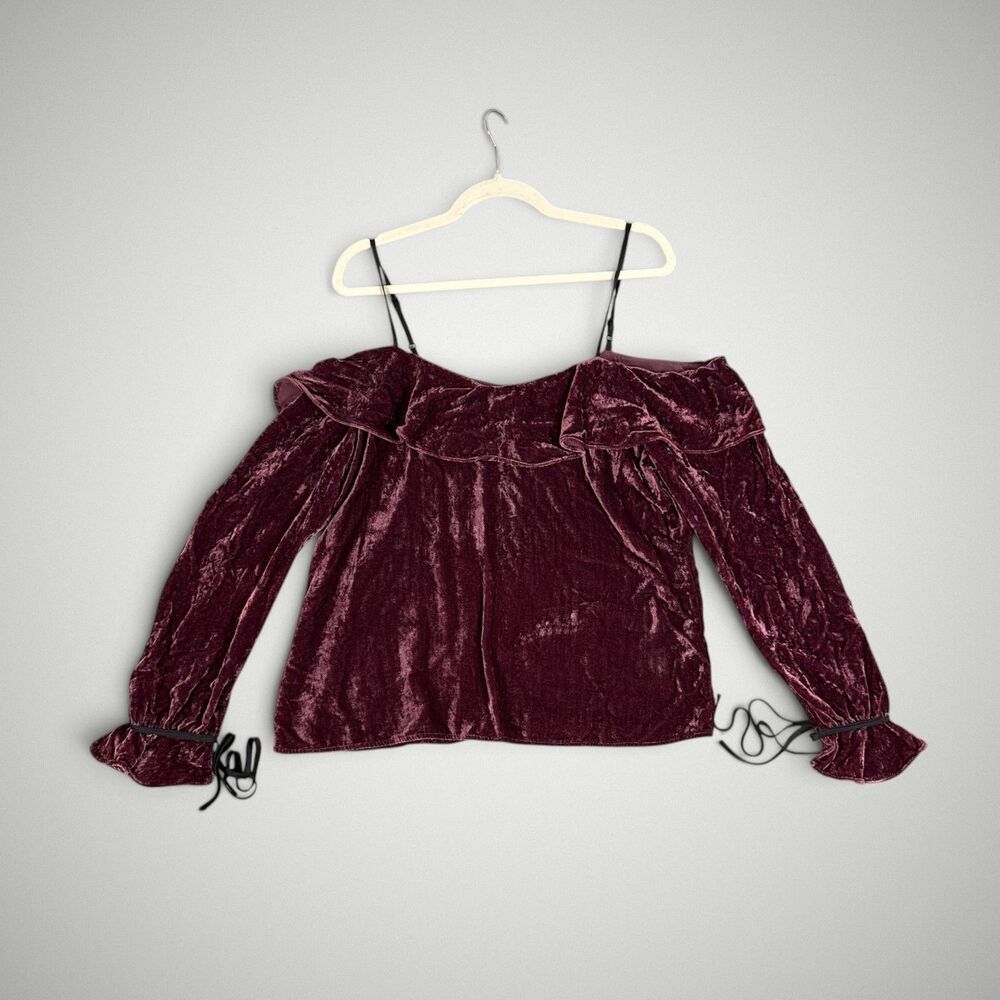 WAYF Wine Crushed Velvet Off-Shoulder Blouse Tie Cuff Long Sleeve Top Size Med